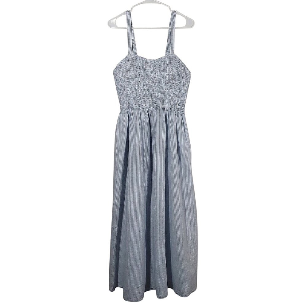 NWT J. Crew Linen/Cotton Smocked Bodice Blue Pinstripe Summer Sundress - XXL - Picture 2 of 10